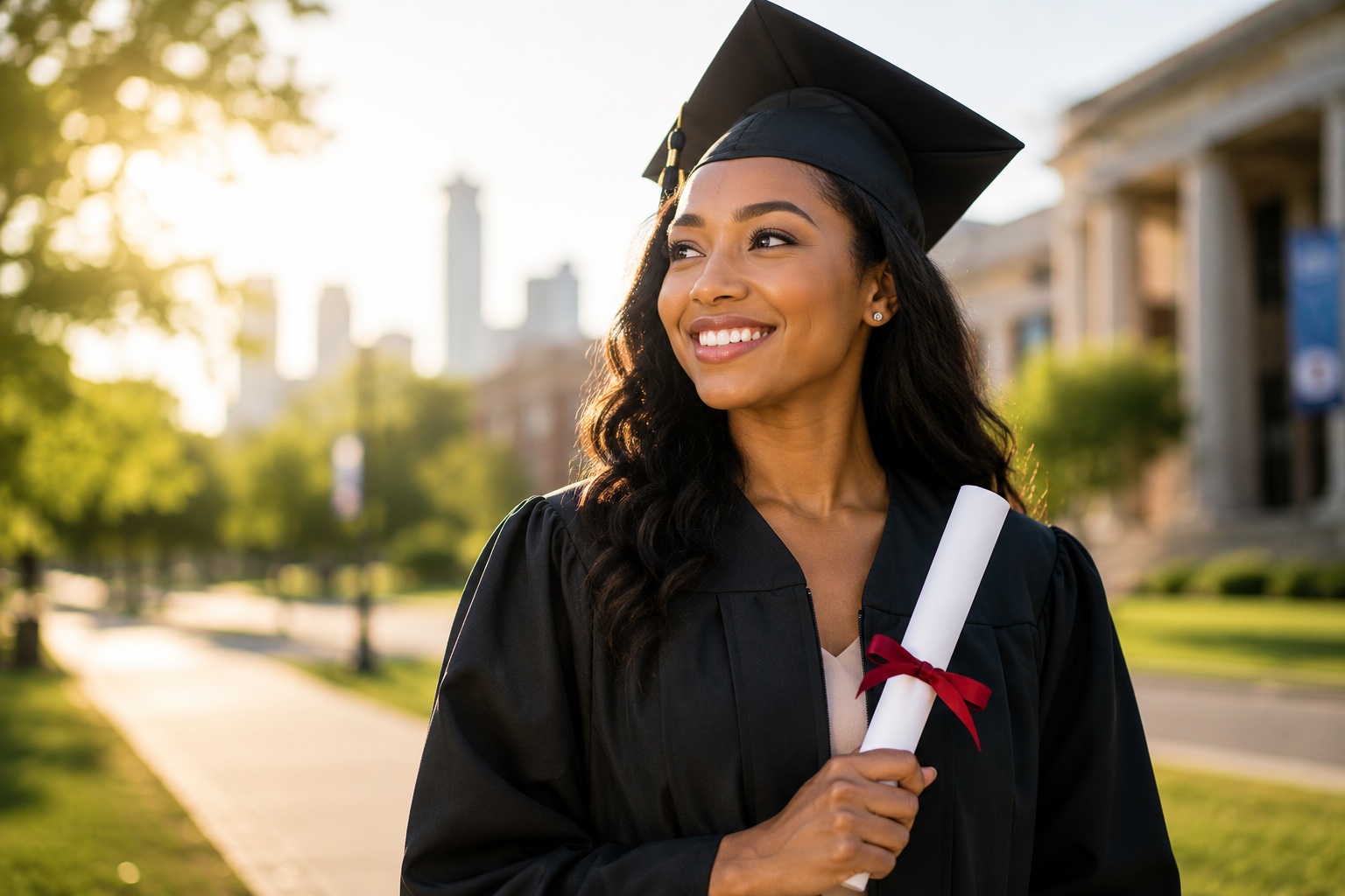 College graduate in cap and gown holding diploma, ready to start career journey