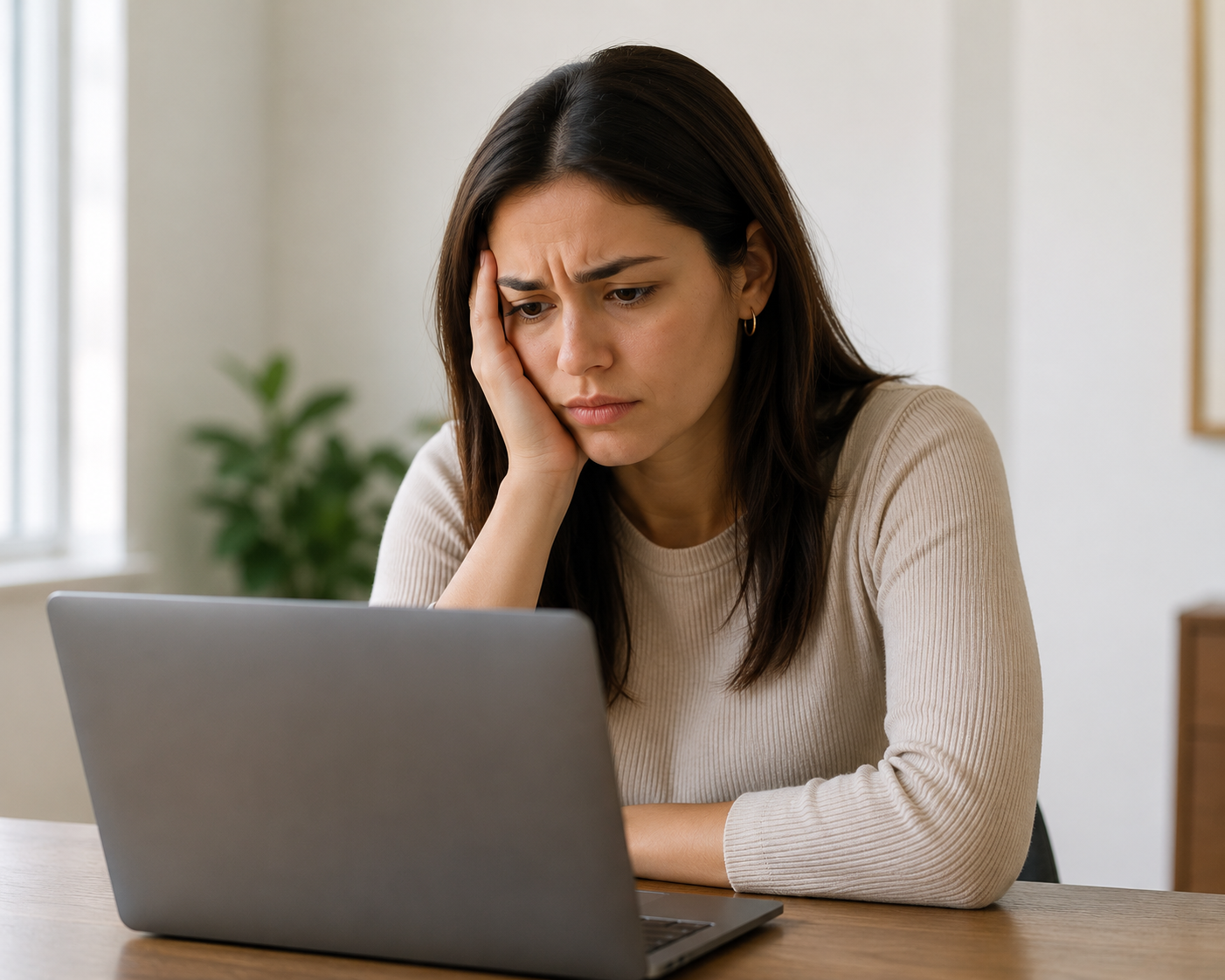 Frustrated young woman looking at a laptop during a stalled job search