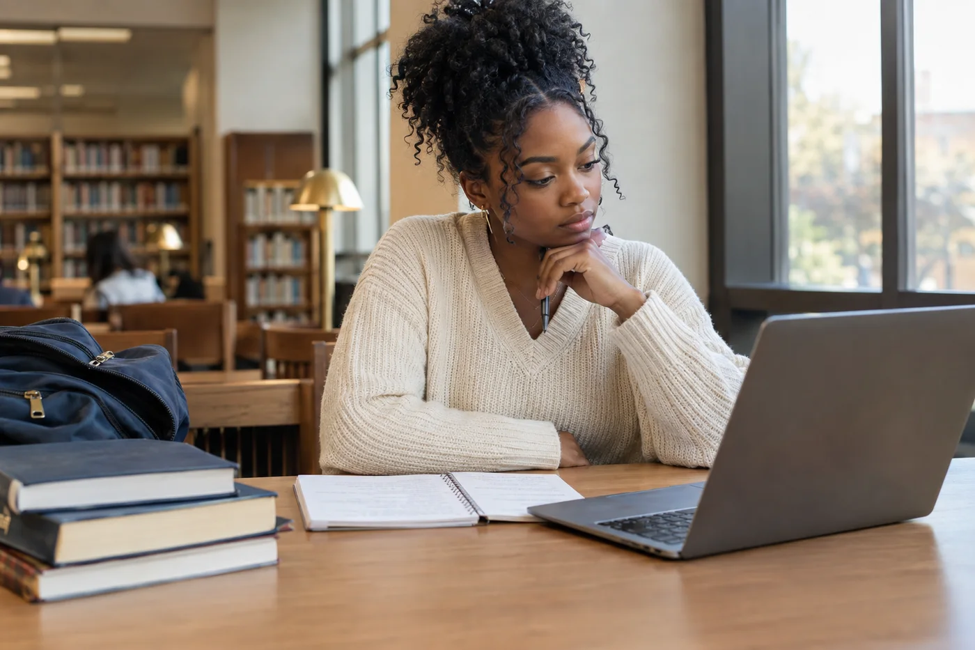 College student reviewing career plans at a laptop in a campus library